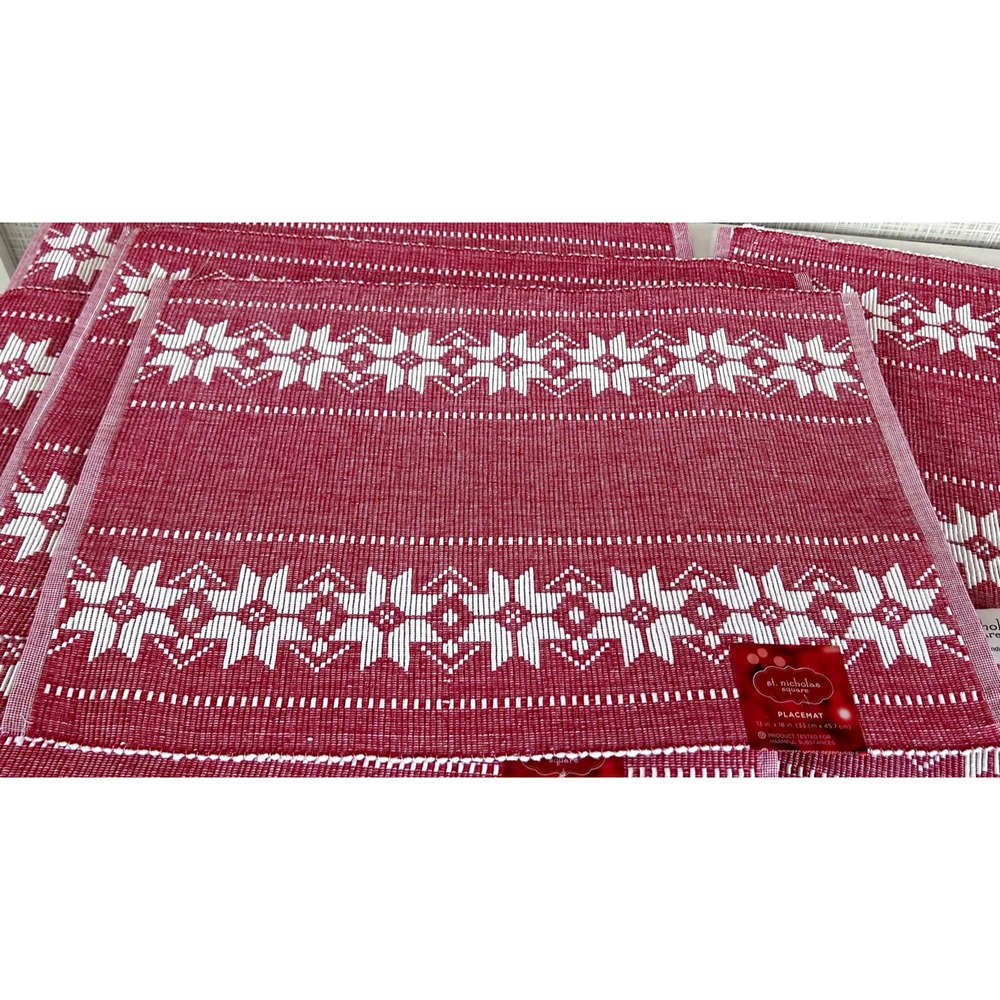 Christmas Placemats Fair Isle Rib Woven Fabric Red & White Lot of 6 New! BxL